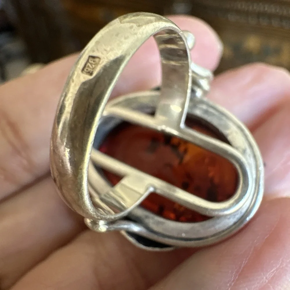 Vintage Artisan Brutalist Ring Size 7 Poland Baltic Amber 925 Sterling 12.5g MCM